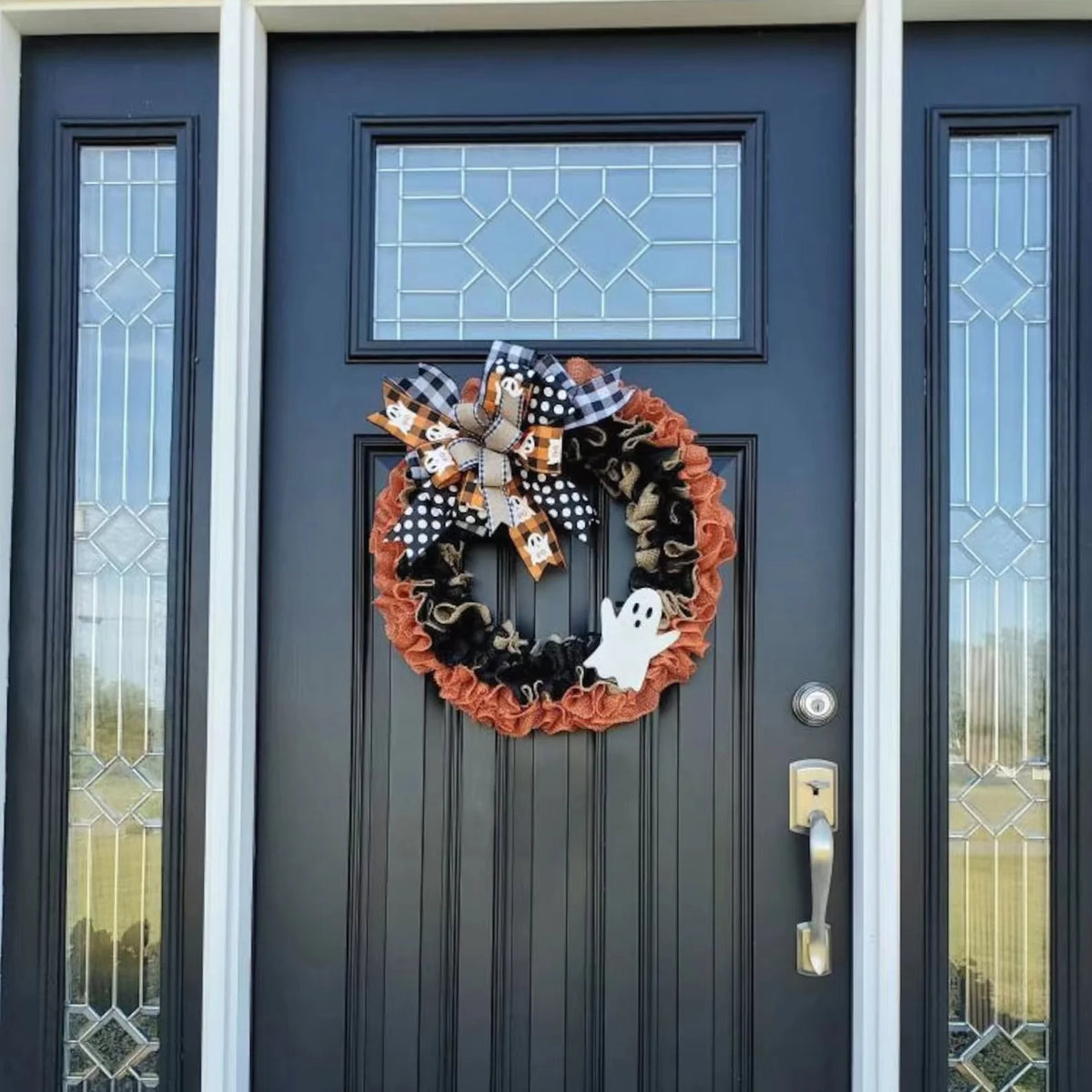 Door Wreath Burlap Ghost Ribbon Accents