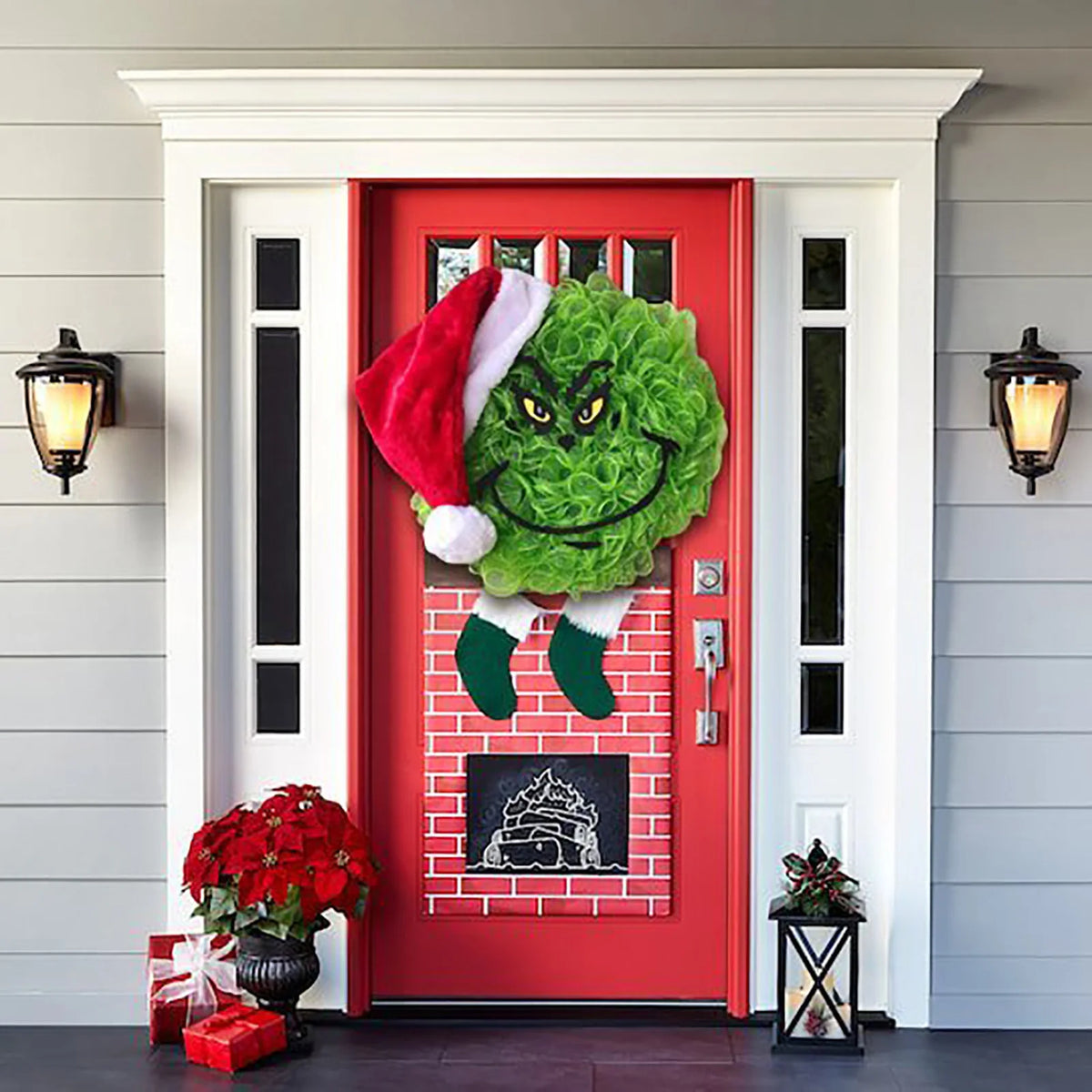 Door Wreath Grinch Face Weather-Resistant 15.75 Inch Indoor Outdoor