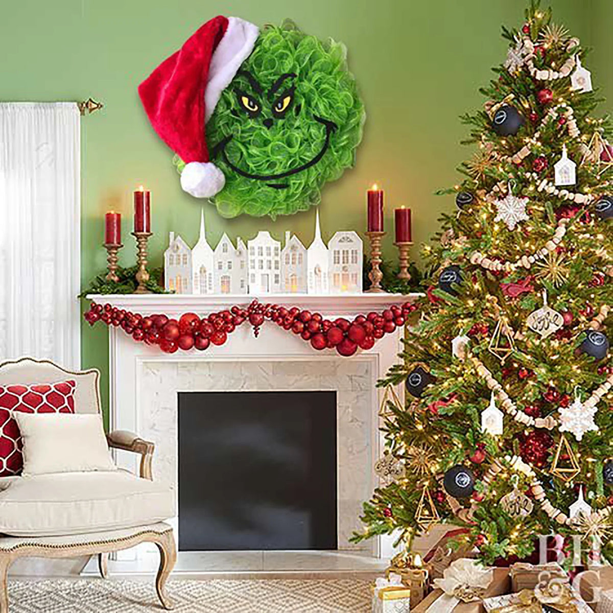 Door Wreath Grinch Face Weather-Resistant 15.75 Inch Indoor Outdoor