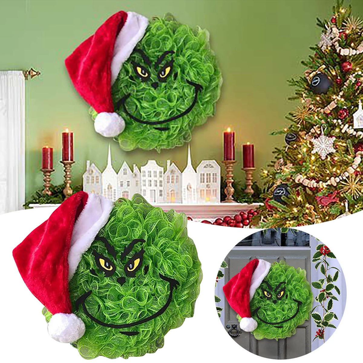 Door Wreath Grinch-Inspired Weather-Resistant 40cm