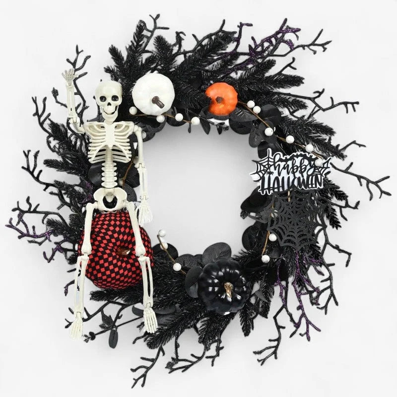 Door Wreath Skeleton & Jack-O-Lanterns Artificial Pine