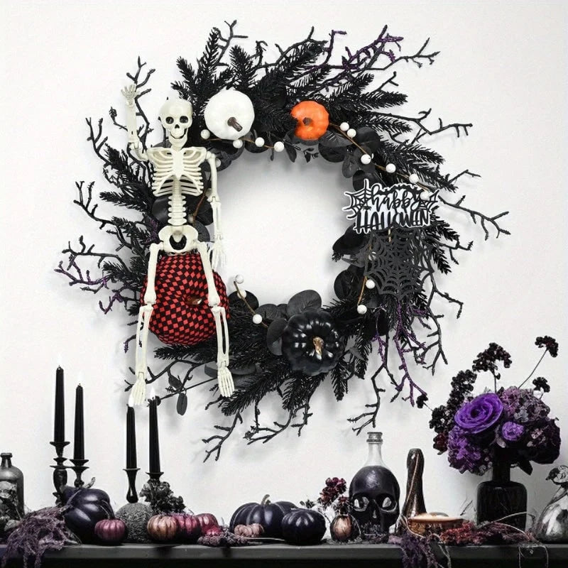 Door Wreath Skeleton & Jack-O-Lanterns Artificial Pine