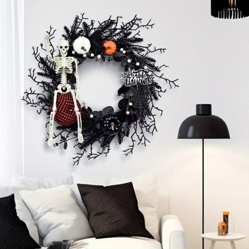 Door Wreath Skeleton & Jack-O-Lanterns Artificial Pine