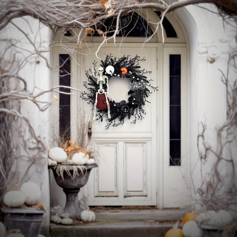 Door Wreath Skeleton & Jack-O-Lanterns Artificial Pine