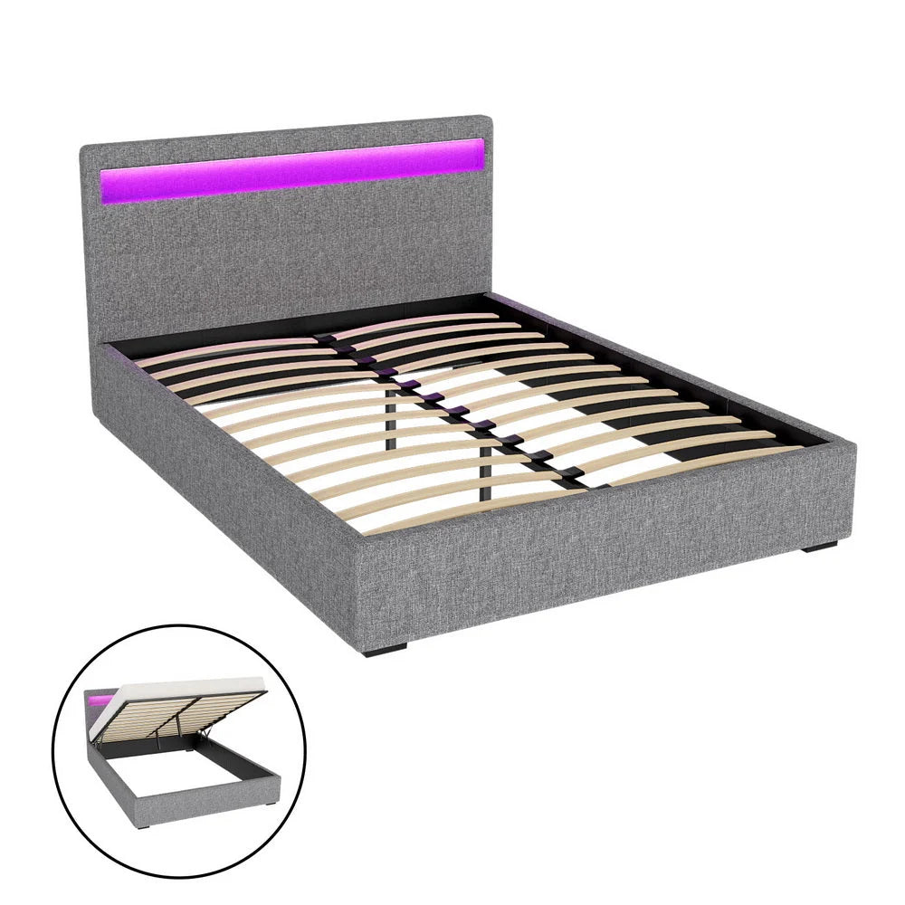 Double Bed Frame Gas-Lift Storage LED Headboard Faux Linen