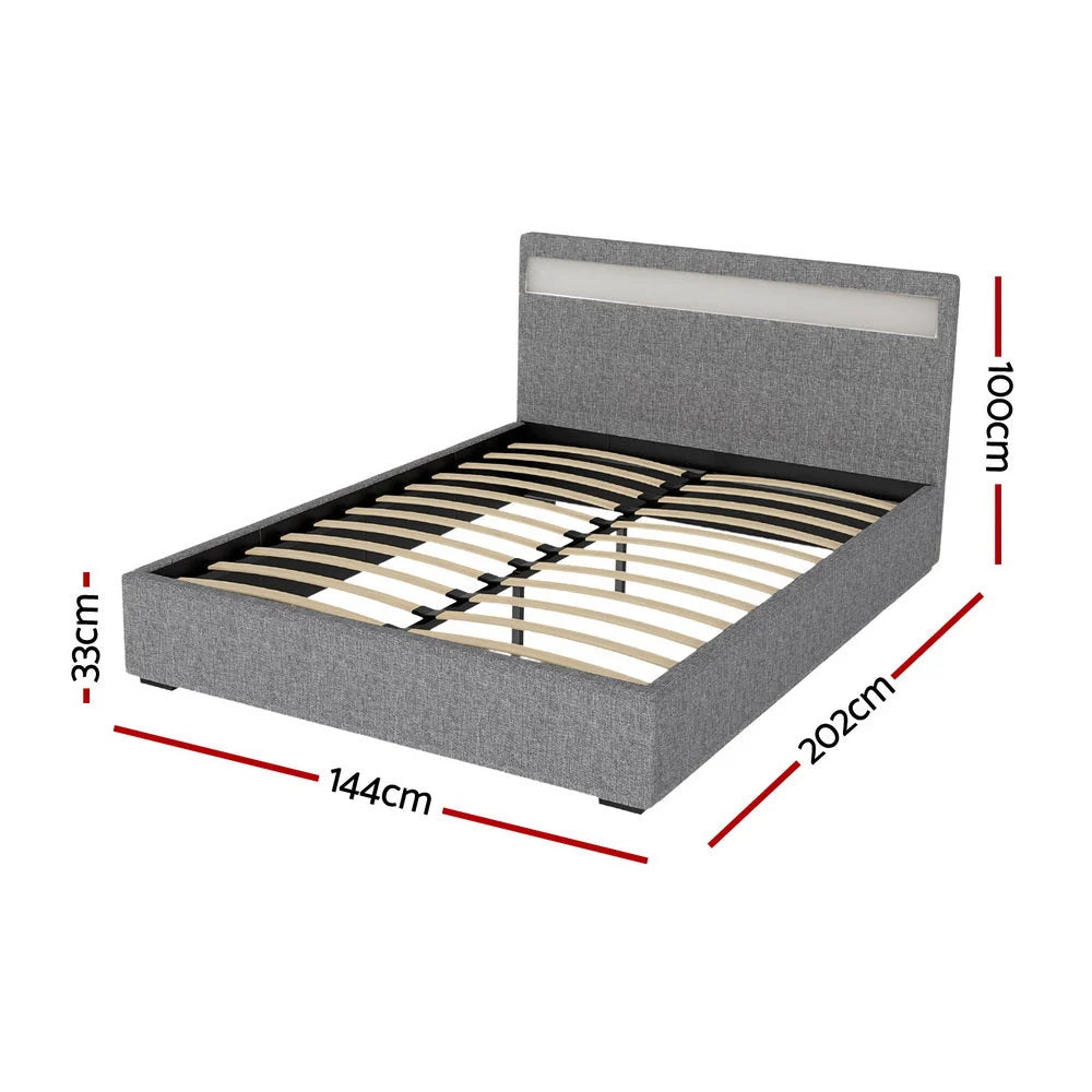Double Bed Frame Gas-Lift Storage LED Headboard Faux Linen