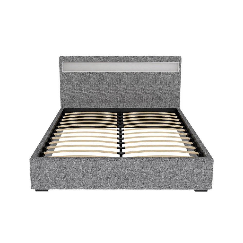Double Bed Frame Gas-Lift Storage LED Headboard Faux Linen