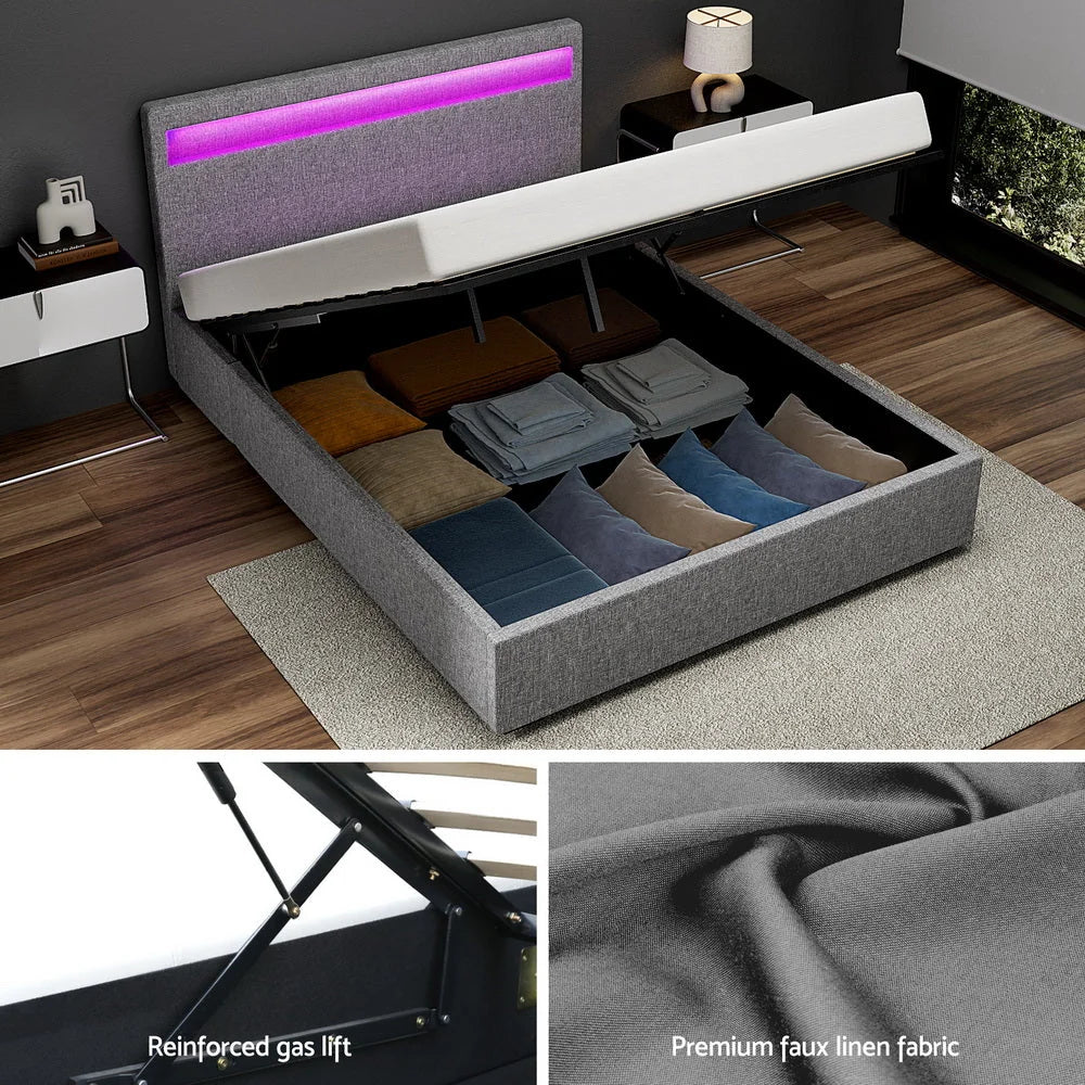 Double Bed Frame Gas-Lift Storage LED Headboard Faux Linen