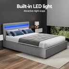 Double Bed Frame Gas-Lift Storage LED Headboard Faux Linen