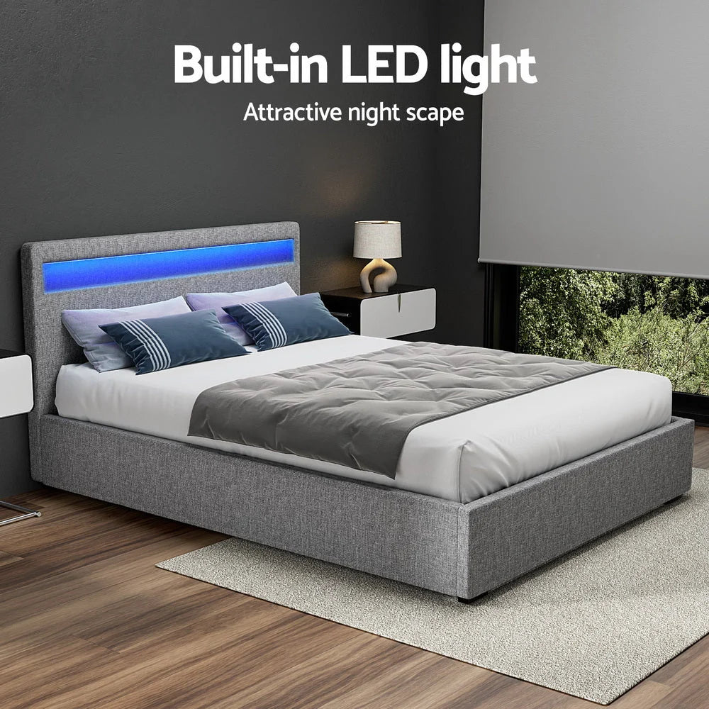 Double Bed Frame Gas-Lift Storage LED Headboard Faux Linen