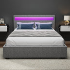 Double Bed Frame Gas-Lift Storage LED Headboard Faux Linen