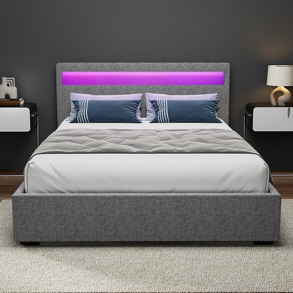 Double Bed Frame Gas-Lift Storage LED Headboard Faux Linen