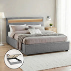 Double Bed Frame Gas-Lift Storage LED Headboard Faux Linen