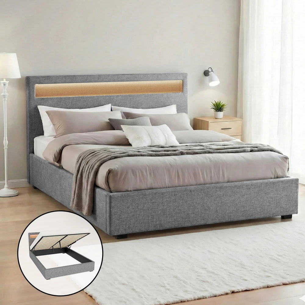 Double Bed Frame Gas-Lift Storage LED Headboard Faux Linen