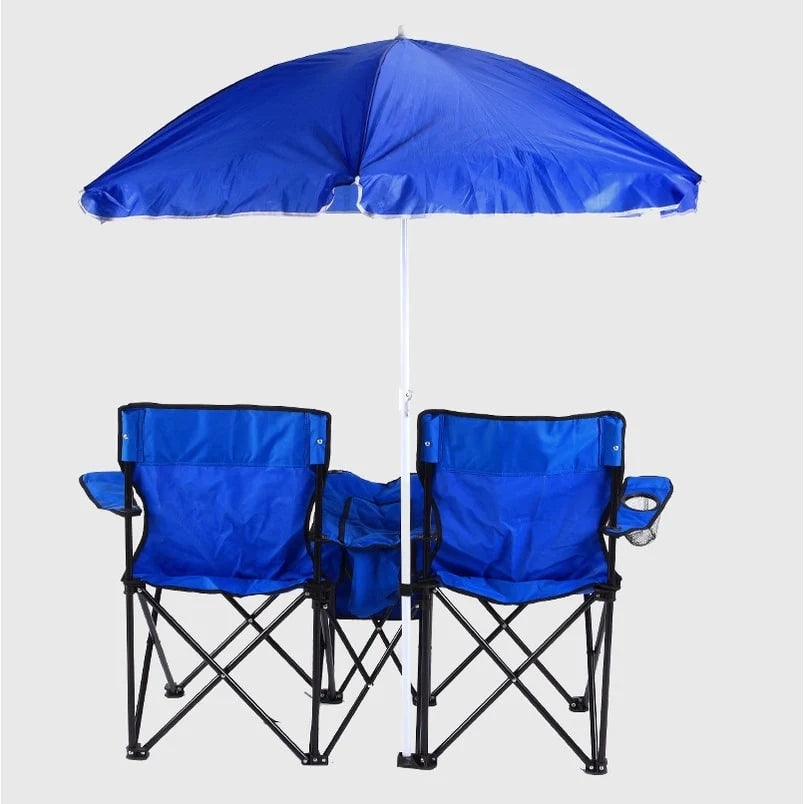 Double Camping Chair Built-In Cooler & Removable Umbrella Foldable