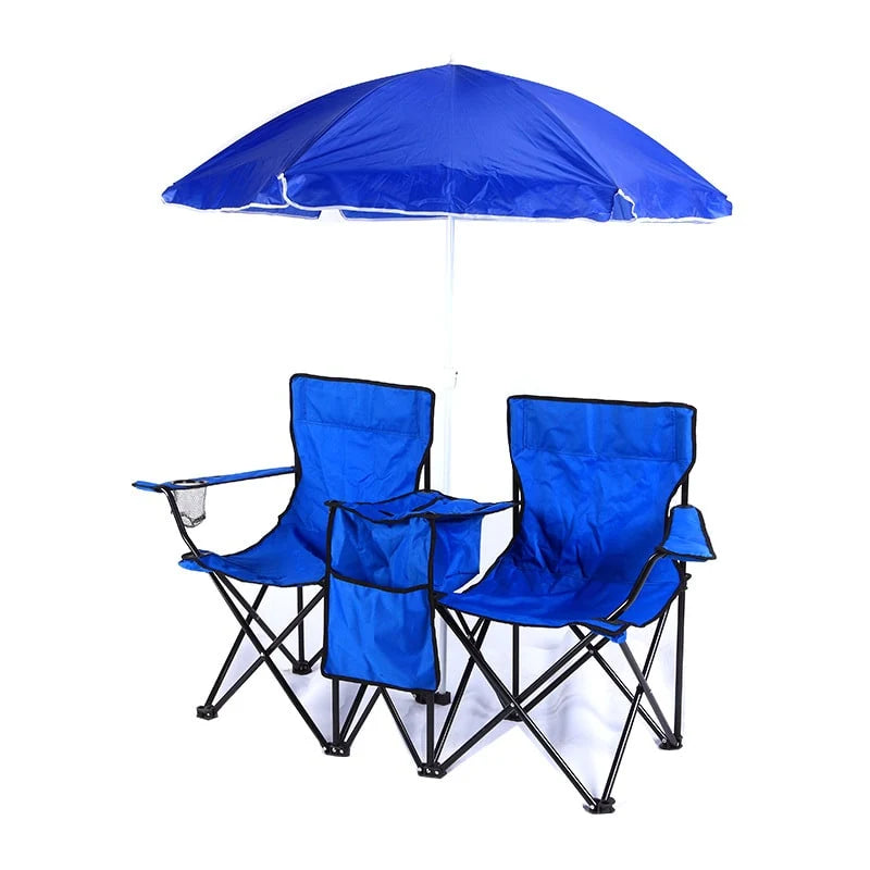 Double Camping Chair Built-In Cooler & Removable Umbrella Foldable