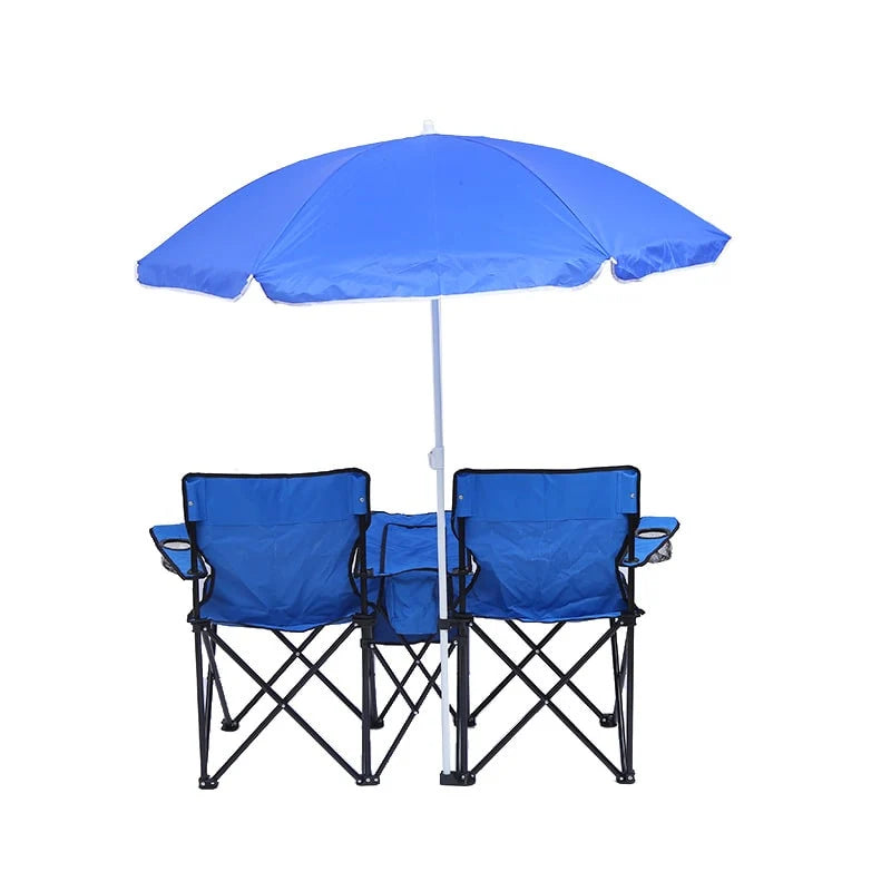 Double Camping Chair Built-In Cooler & Removable Umbrella Foldable
