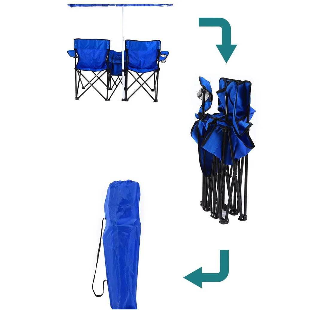 Double Camping Chair Built-In Cooler & Removable Umbrella Foldable