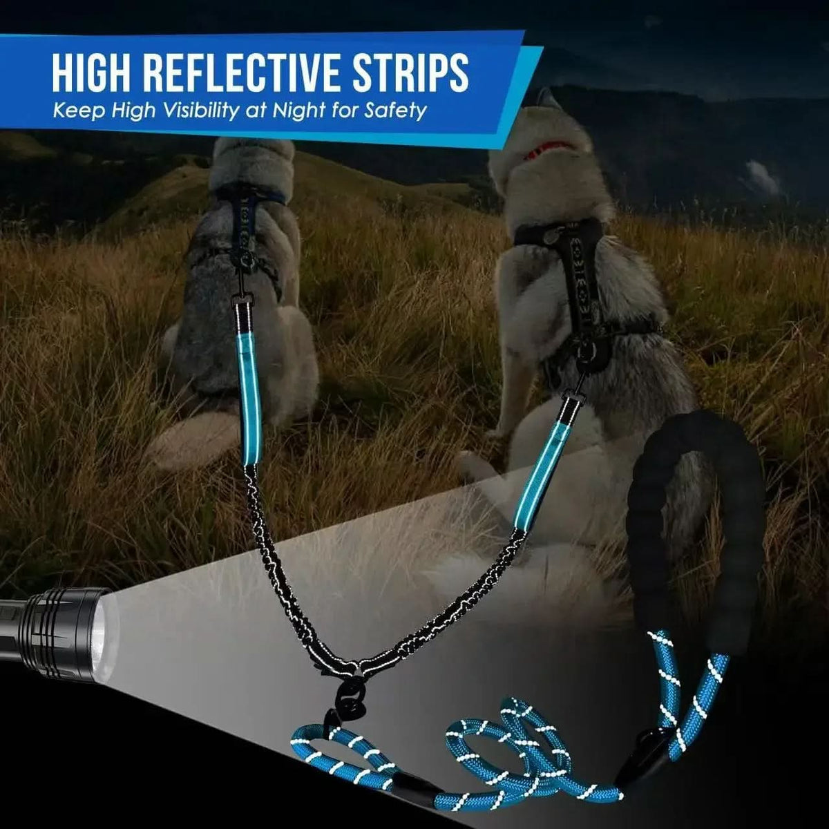 Double Dog Leash 360 Degree Swivel Shock-Absorbent Reflective