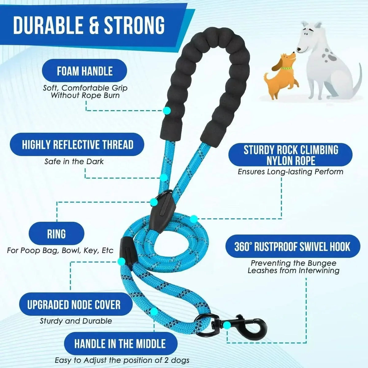 Double Dog Leash 360 Degree Swivel Shock-Absorbent Reflective