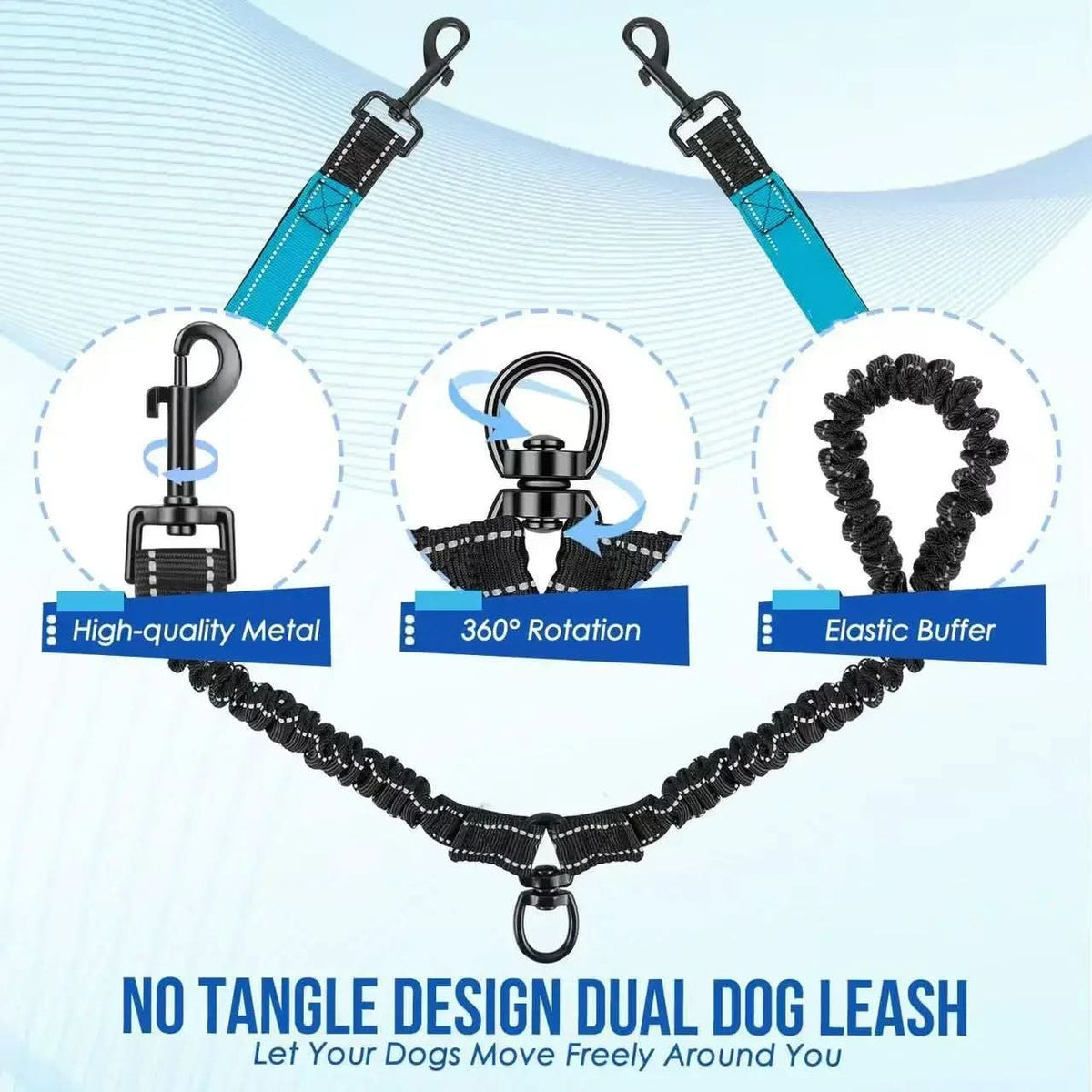 Double Dog Leash 360 Degree Swivel Shock-Absorbent Reflective