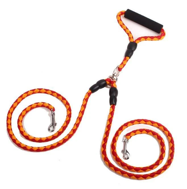 Double Dog Leash Heavy-Duty Nylon Reflective Threads Padded Handle