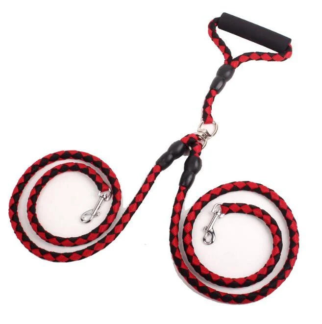 Double Dog Leash Heavy-Duty Nylon Reflective Threads Padded Handle