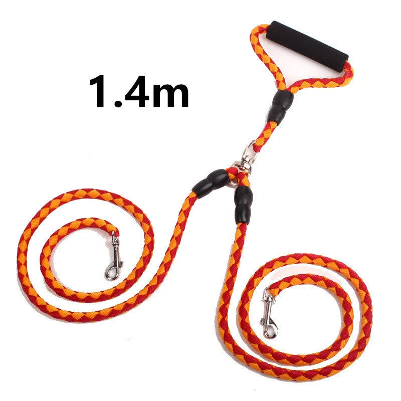 Double Dog Leash Heavy-Duty Nylon Reflective Threads Padded Handle