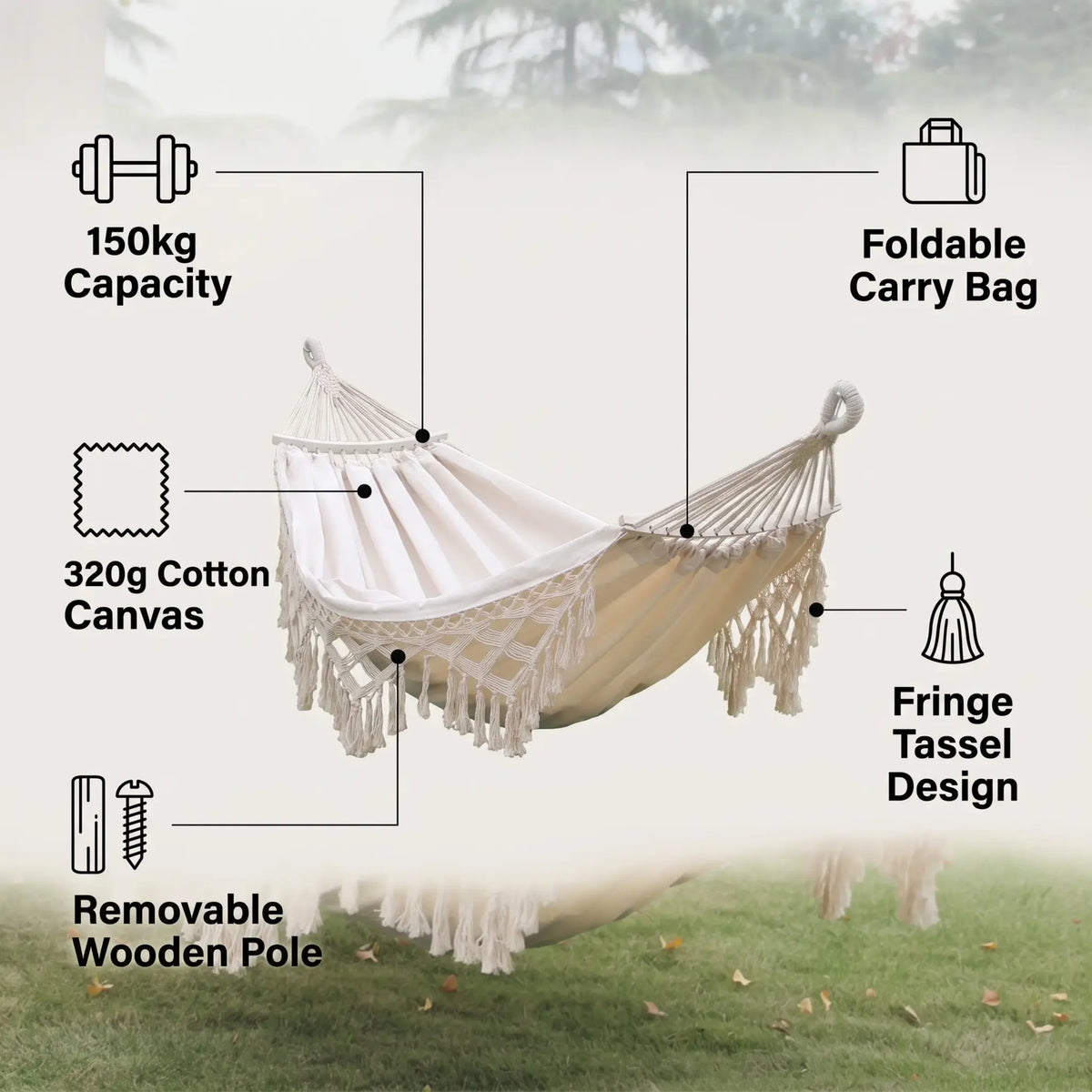 Double Hammock Cotton Canvas Removable Wooden Spreader Bars