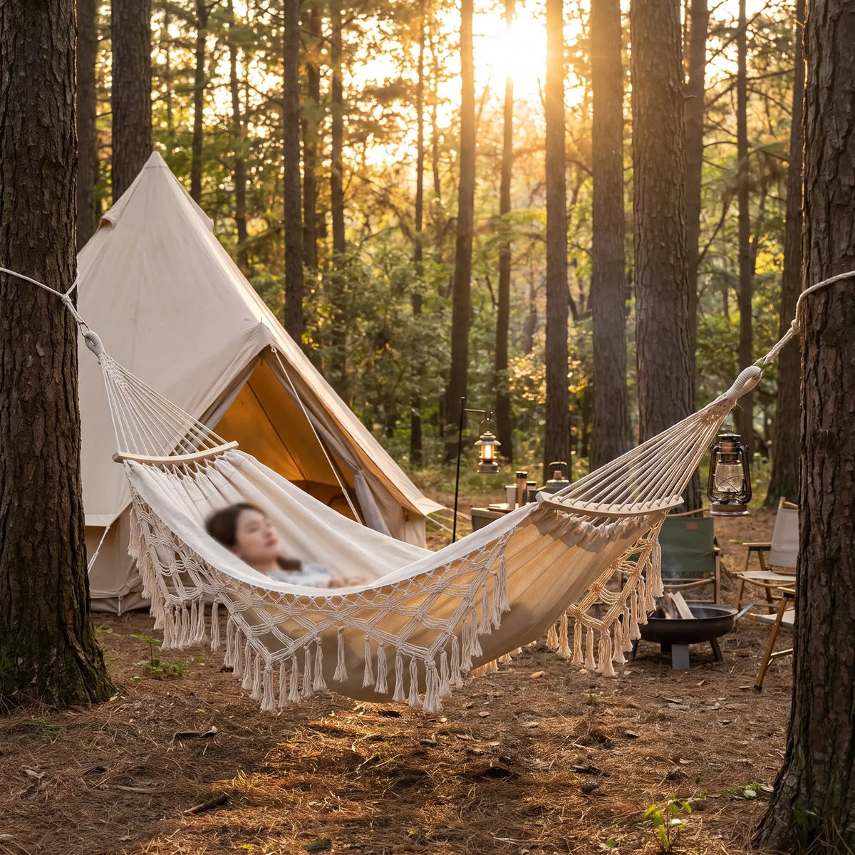 Double Hammock Cotton Canvas Removable Wooden Spreader Bars