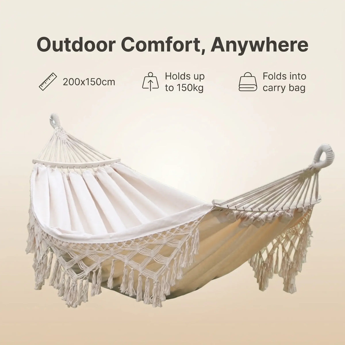 Double Hammock Cotton Canvas Removable Wooden Spreader Bars