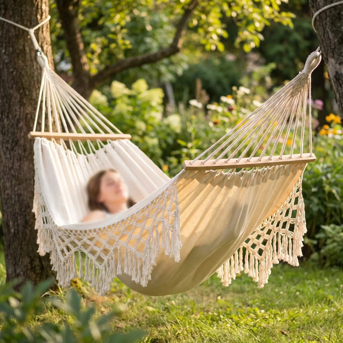 Double Hammock Cotton Canvas Removable Wooden Spreader Bars