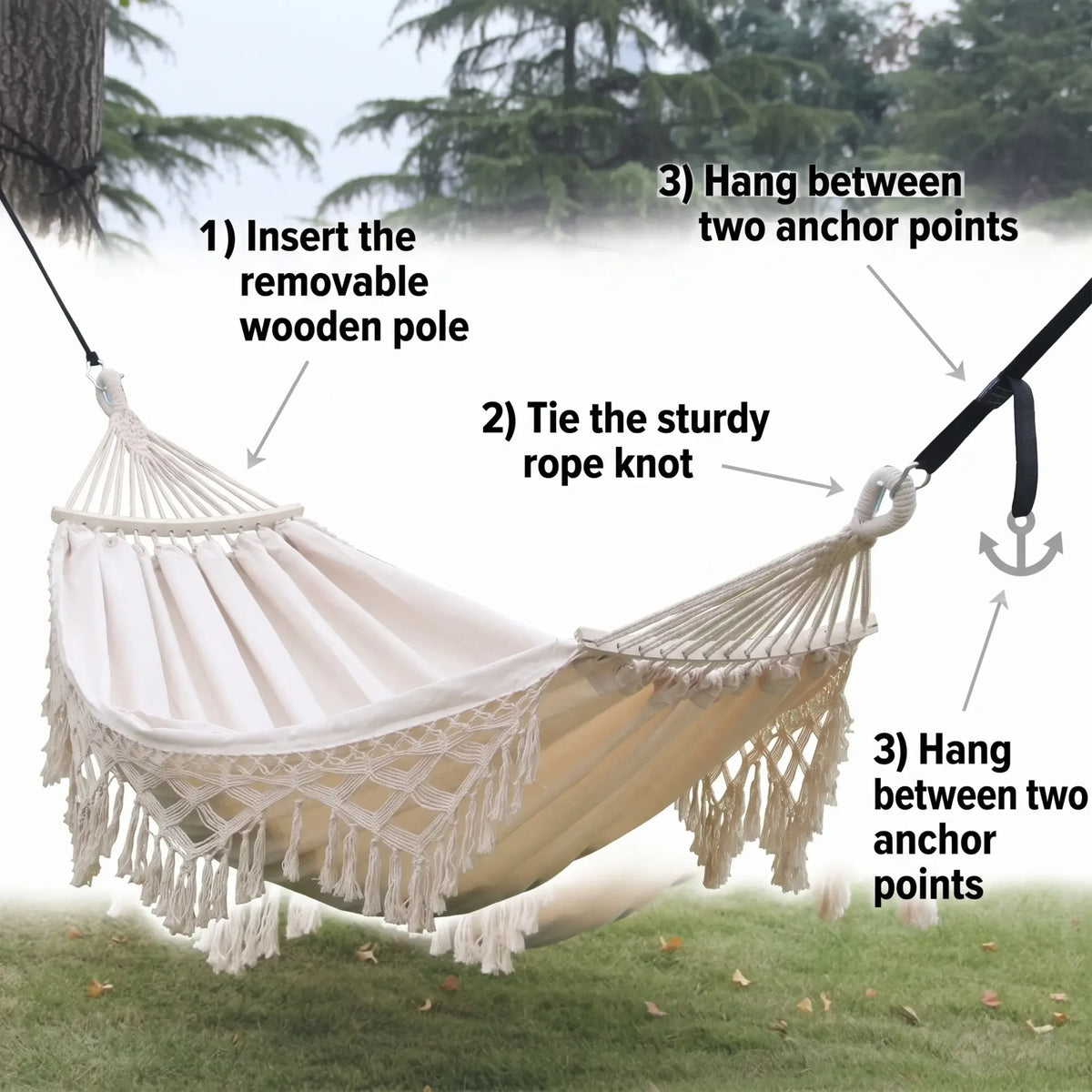 Double Hammock Cotton Canvas Removable Wooden Spreader Bars