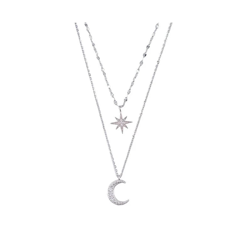 Double Necklace Sterling Silver Moon & Star Pendant