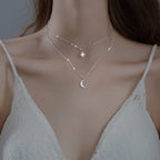 Double Necklace Sterling Silver Moon & Star Pendant