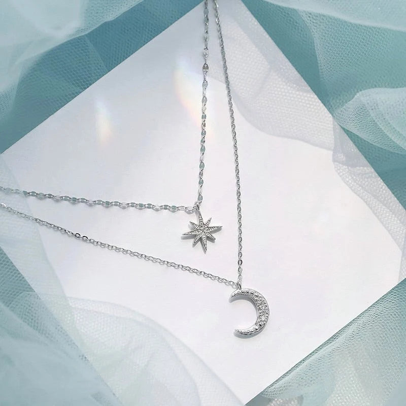 Double Necklace Sterling Silver Moon & Star Pendant