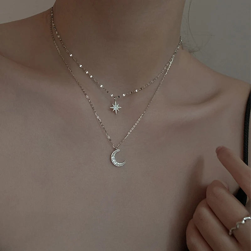 Double Necklace Sterling Silver Moon & Star Pendant