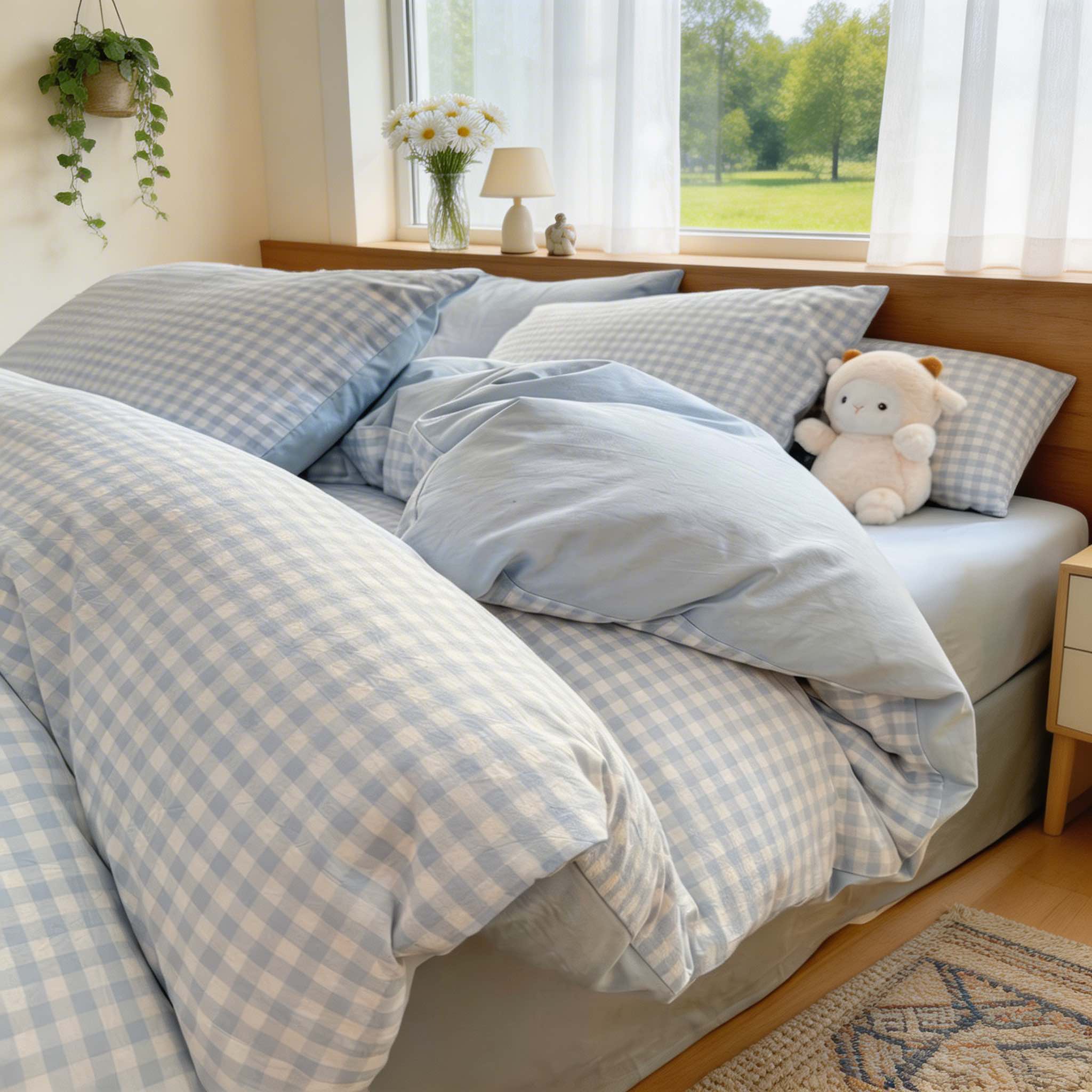 Double-Sided Pastel Plaid Poly-Cotton Bedding Set