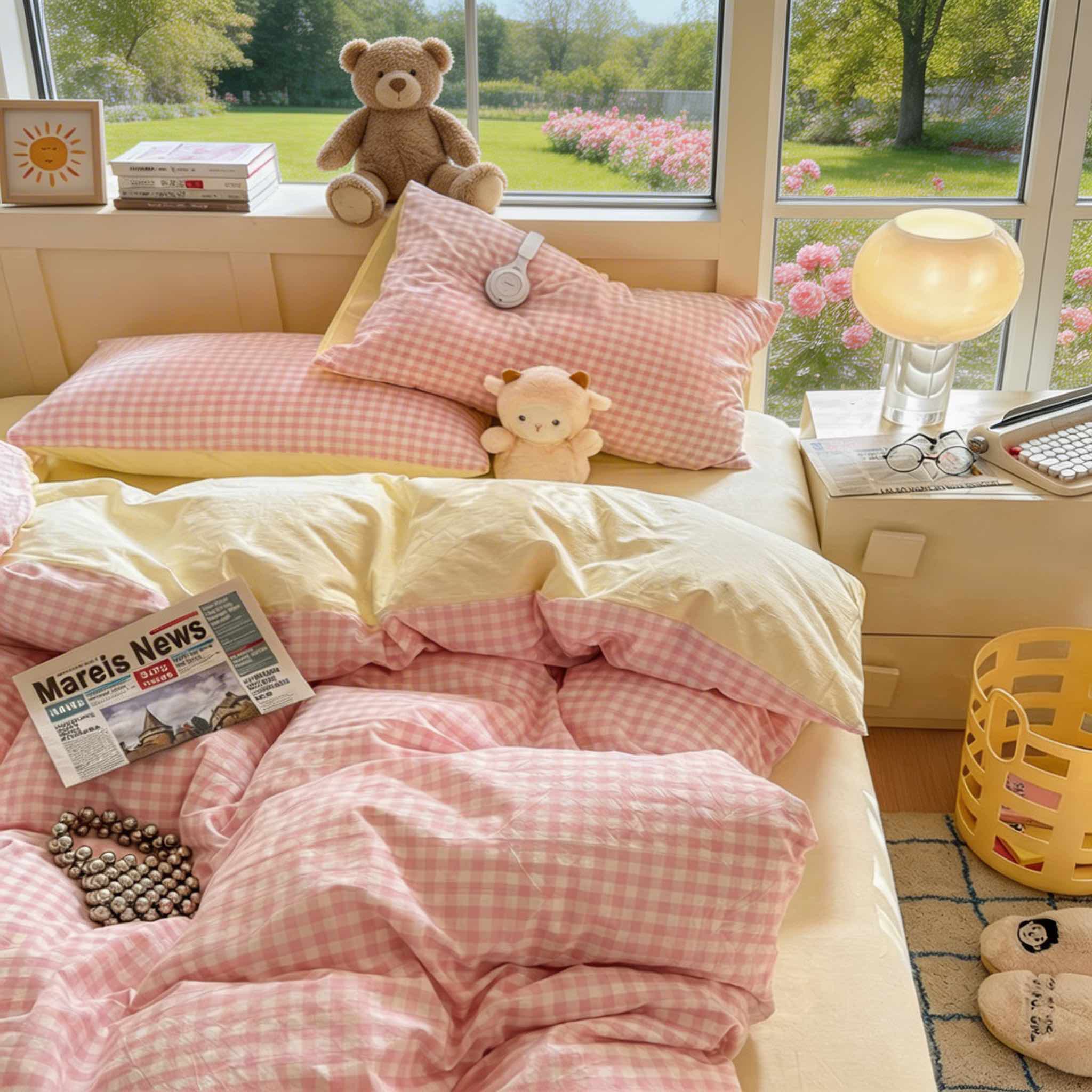Double-Sided Pastel Plaid Poly-Cotton Bedding Set