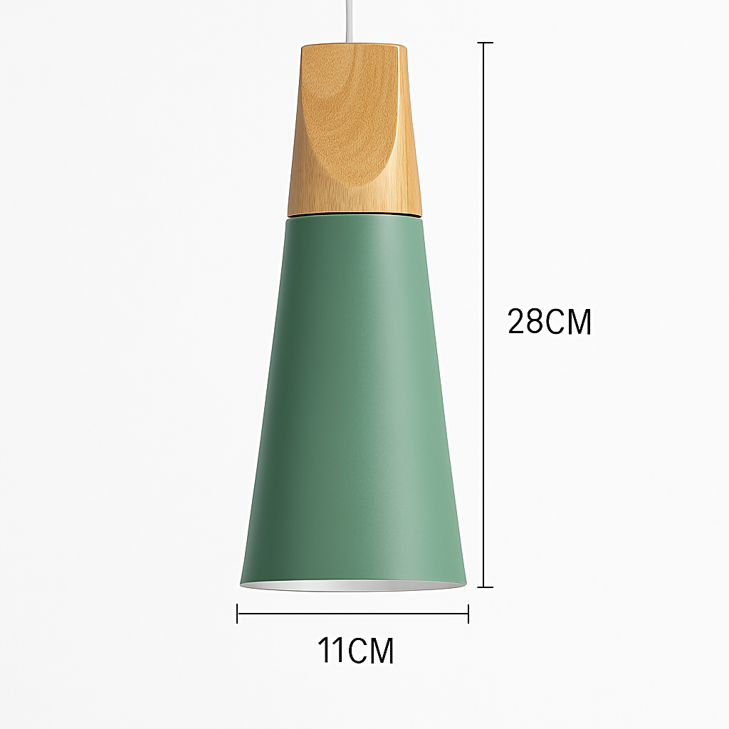 Downward-Diffusing Colored Metal & Light Wood Pendant Light (Cone & Dome)