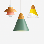 Downward-Diffusing Colored Metal & Light Wood Pendant Light (Cone & Dome)