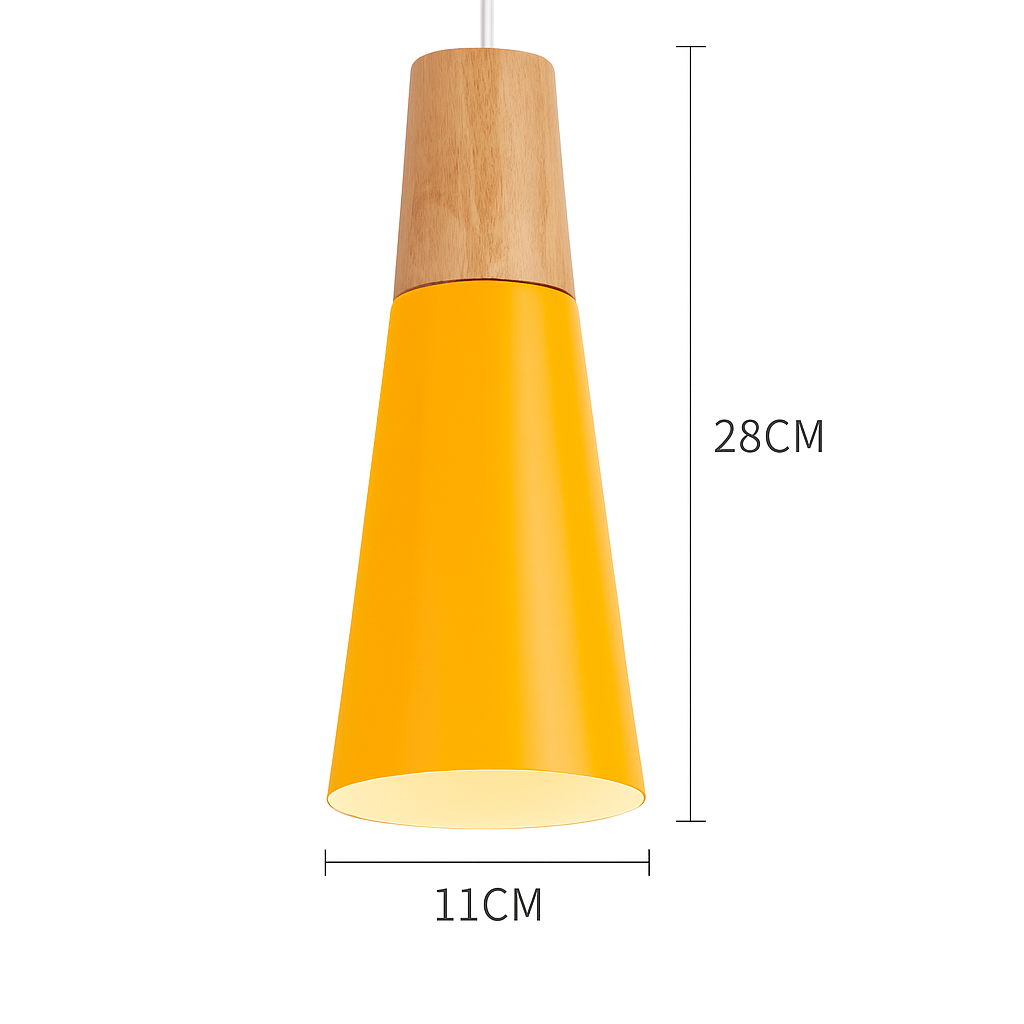 Downward-Diffusing Colored Metal & Light Wood Pendant Light (Cone & Dome)