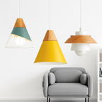 Downward-Diffusing Colored Metal & Light Wood Pendant Light (Cone & Dome)
