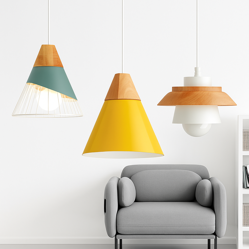 Downward-Diffusing Colored Metal & Light Wood Pendant Light (Cone & Dome)