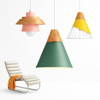 Downward-Diffusing Colored Metal & Light Wood Pendant Light (Cone & Dome)