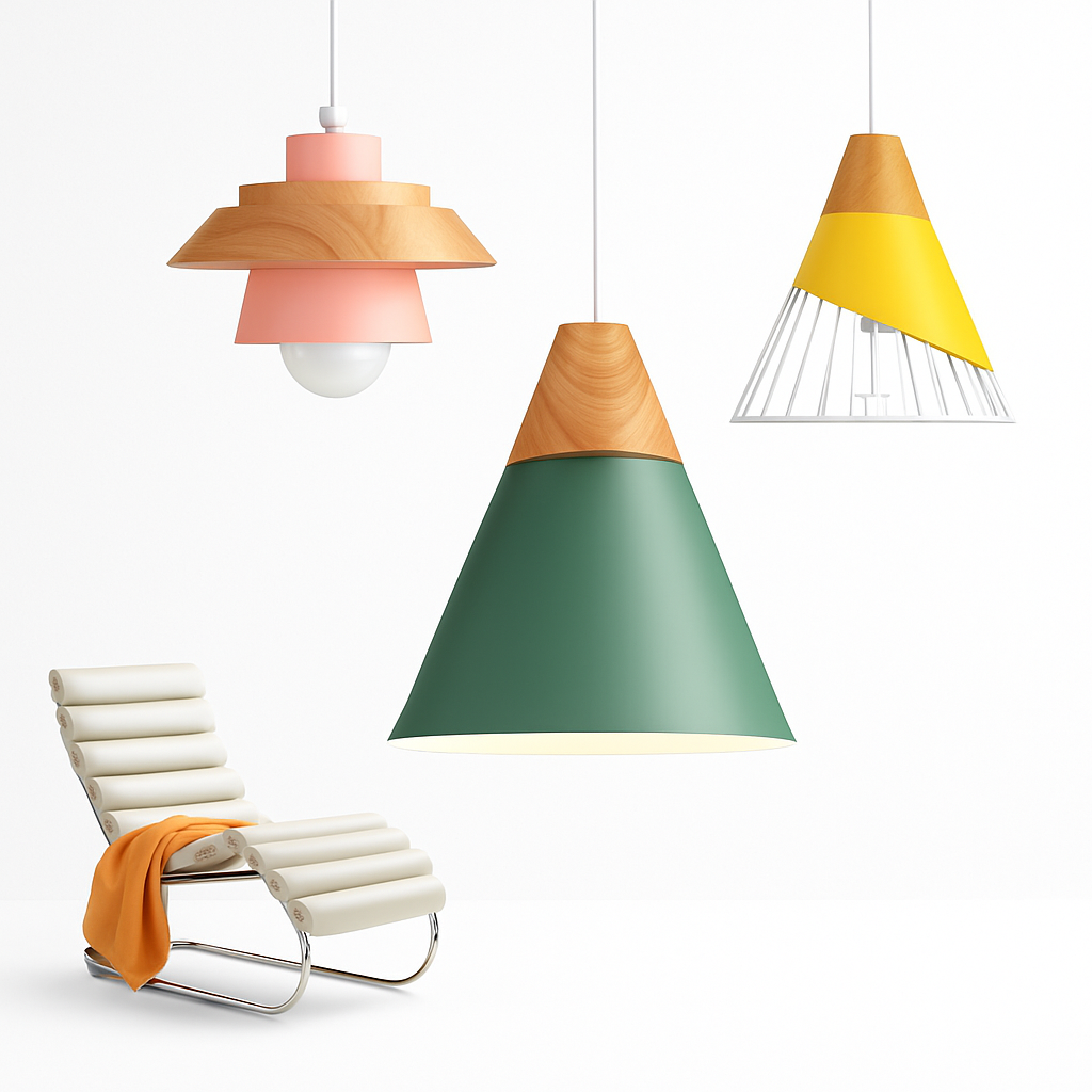 Downward-Diffusing Colored Metal & Light Wood Pendant Light (Cone & Dome)
