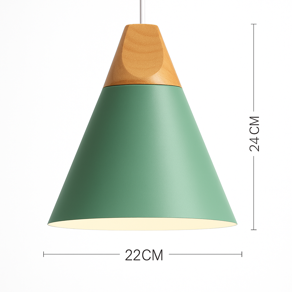 Downward-Diffusing Colored Metal & Light Wood Pendant Light (Cone & Dome)