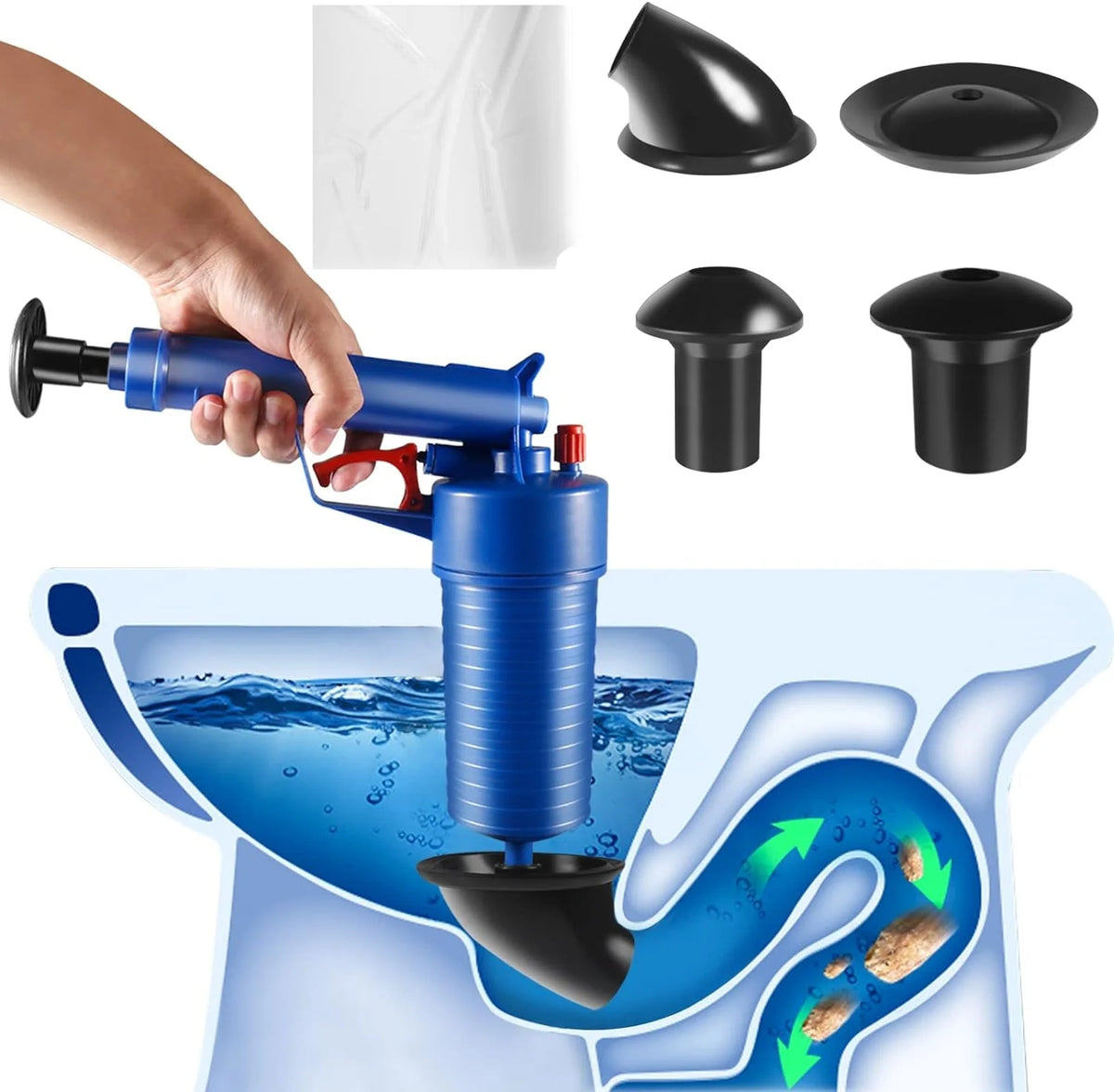 Drain Plunger Gun Compressed-Air 4 Interchangeable Cups Splash Guard