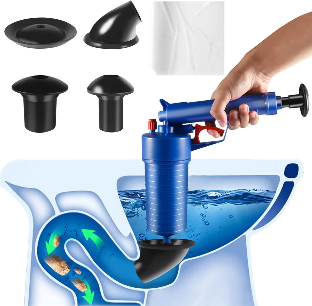 Drain Plunger Gun Compressed-Air 4 Interchangeable Cups Splash Guard