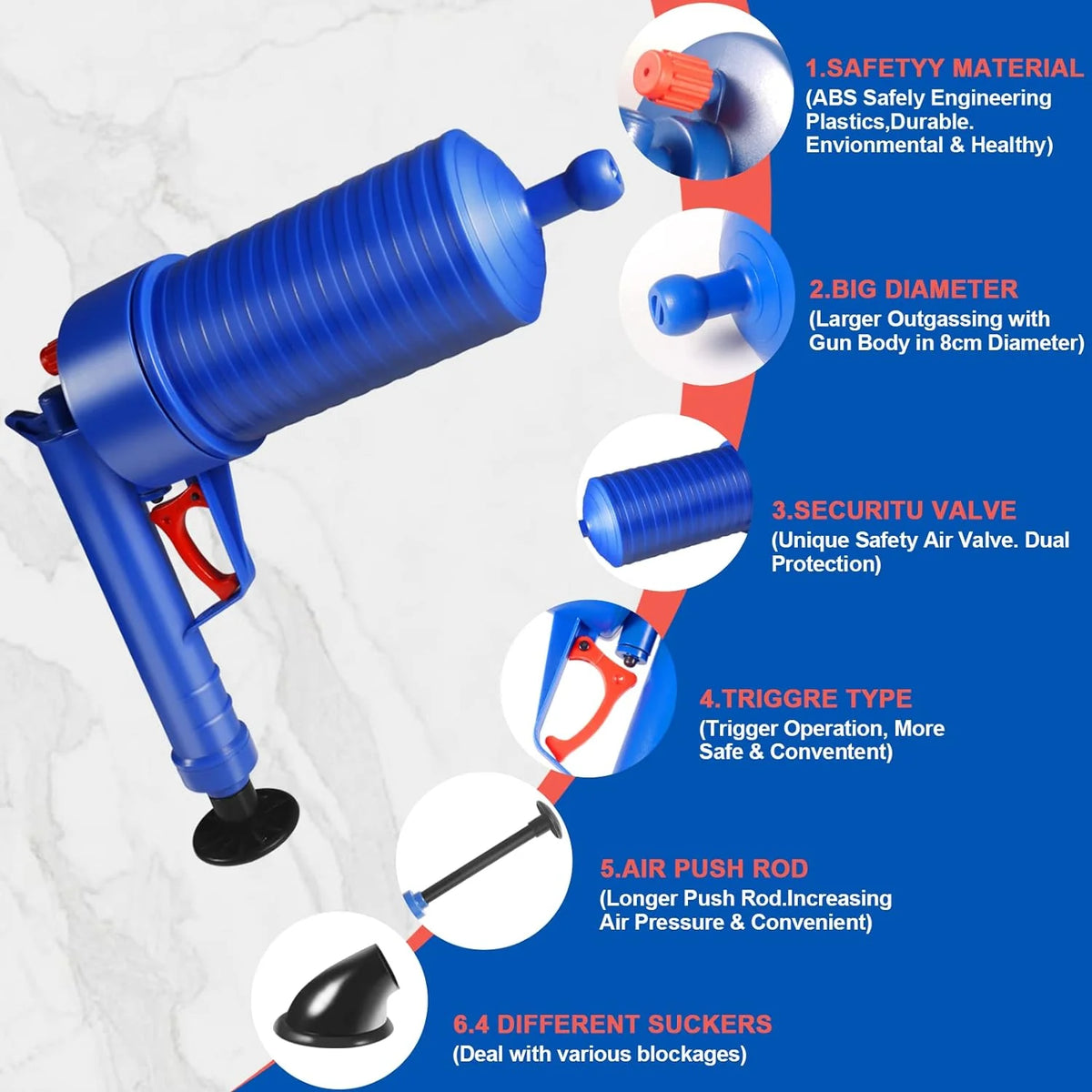 Drain Plunger Gun Compressed-Air 4 Interchangeable Cups Splash Guard